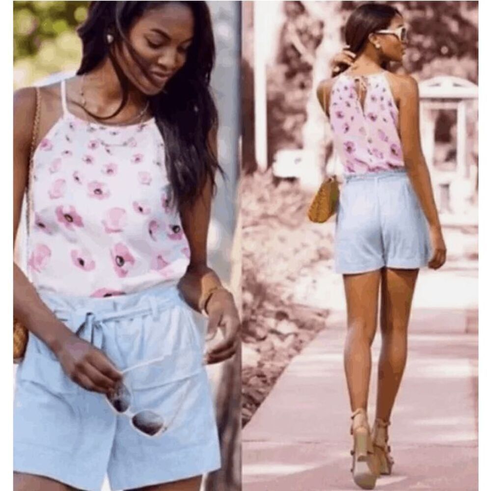 CABI Floating Poppies Halter Tank Tie Back Neck Pink Floral Size Medium